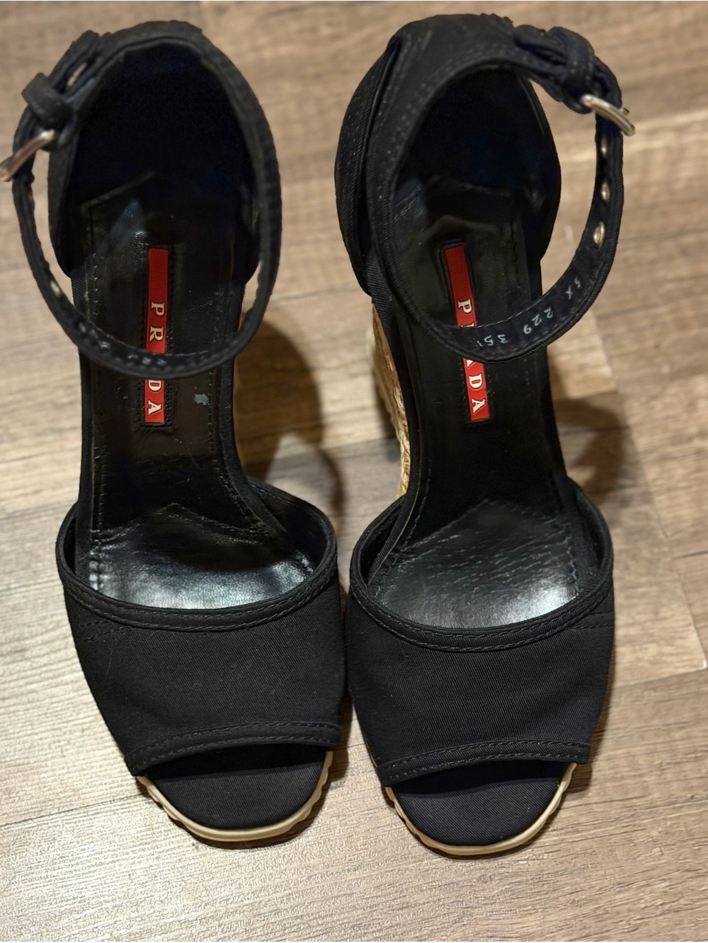 Prada Black Open-Toe Ankle-Strap Wedge Sandals